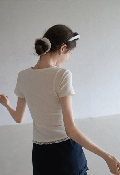 Lace Trim Embroidered T-Shirt
