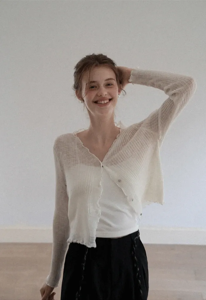 Women Ruffle Ribbed Knit Button Cardigan