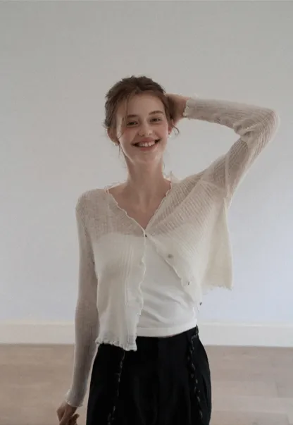 Women Ruffle Ribbed Knit Button Cardigan