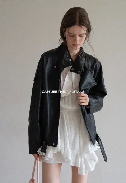 Funnel-Neck Leather Jacket