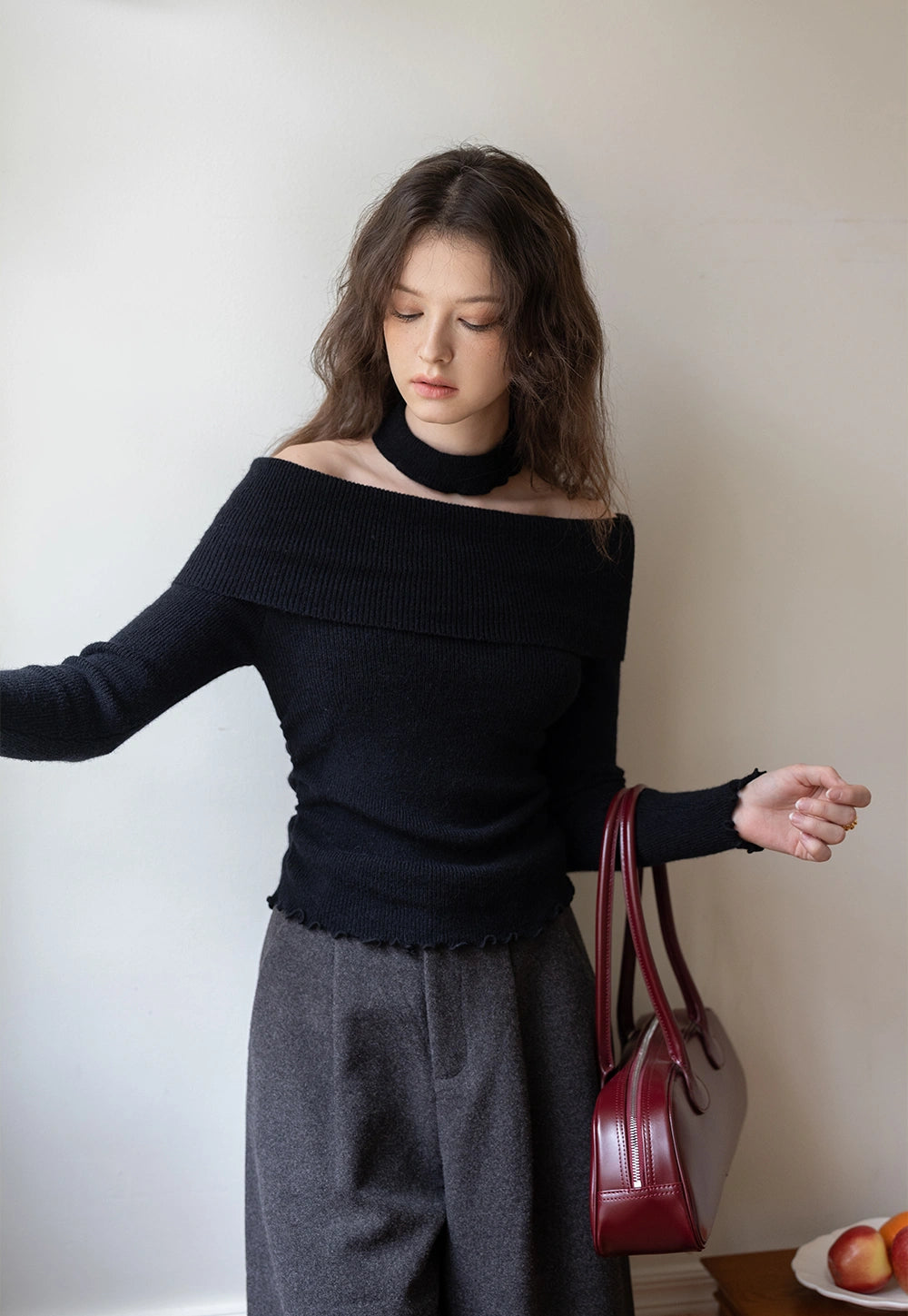 Women's Off-Shoulder Knit Top with Matching Choker – EGGKA