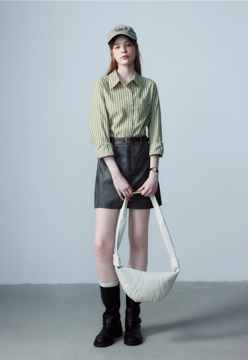 Women's Faux Leather Mini Skirt, A-Line with Belt and Pockets, Vintage Brown