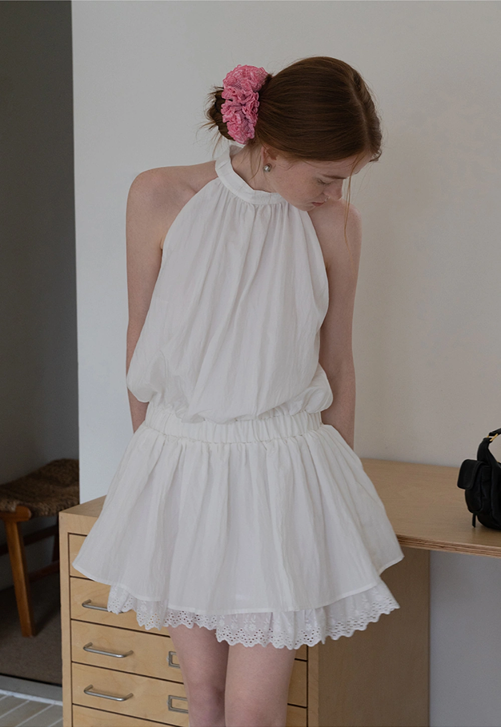 Eyelet Trim Halter Mini Dress