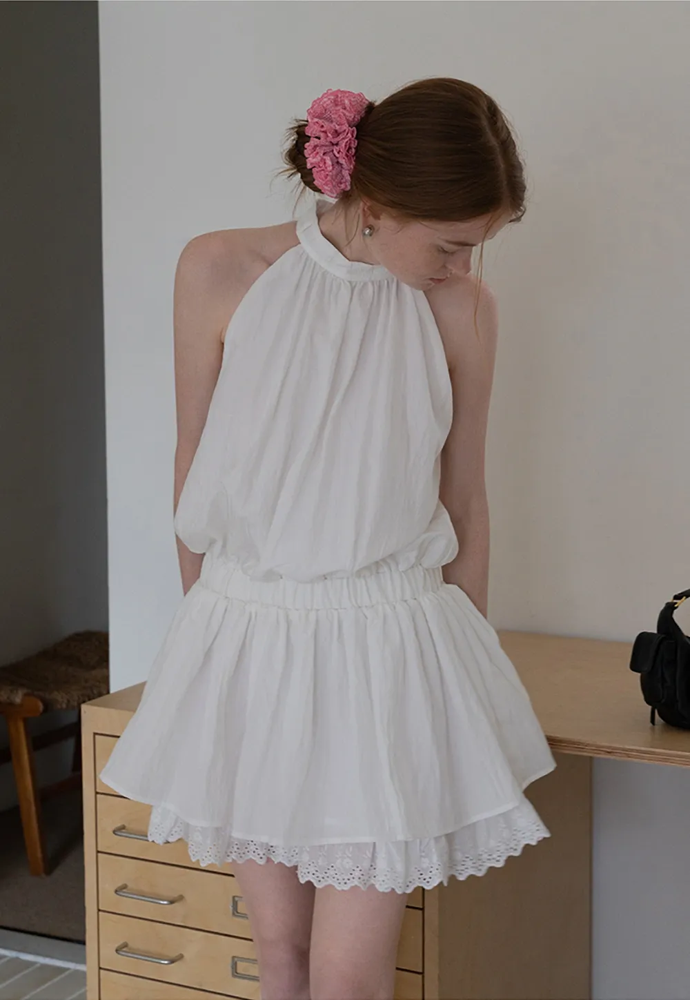 Eyelet Trim Halter Mini Dress