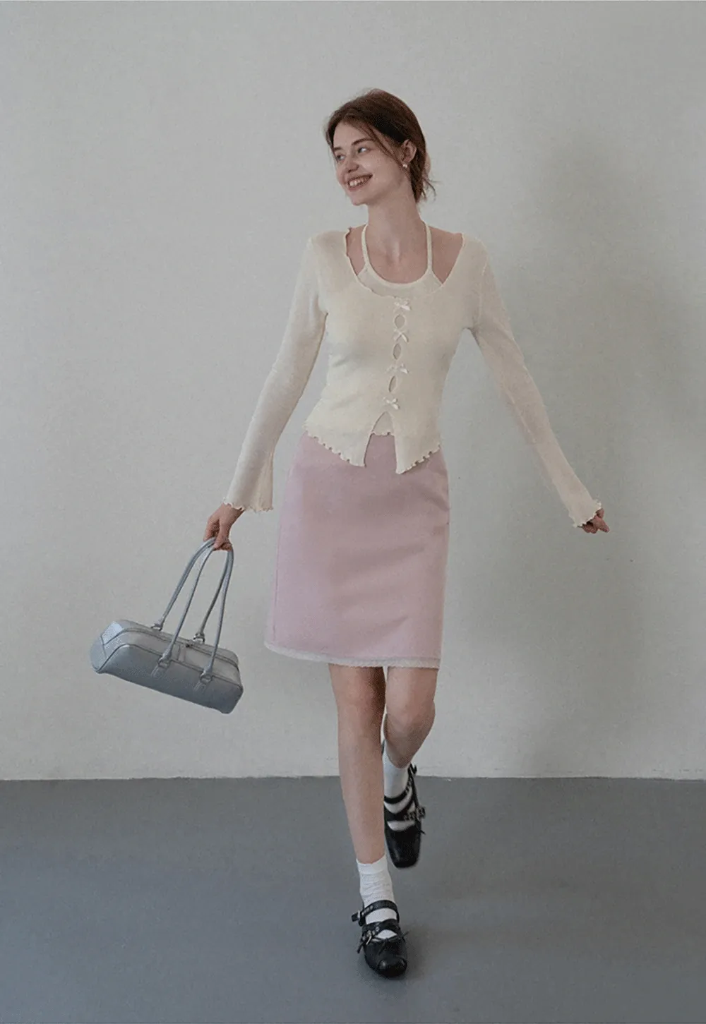 Women Long Sleeve Bow Front Split Hem Lettuce Trim Knit Top