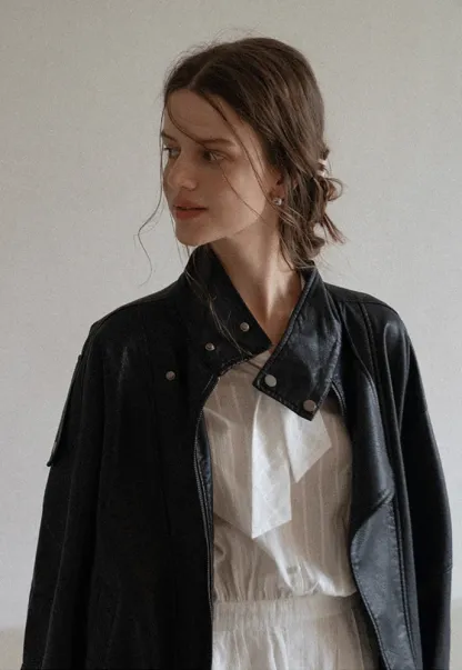 Funnel-Neck Leather Jacket