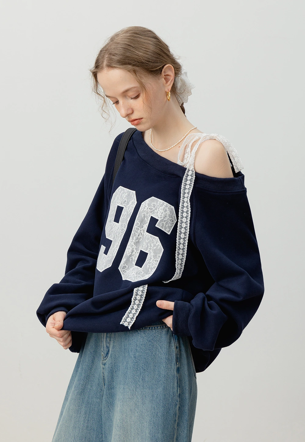 Women's Lace Off Shoulder Graphic Sweatshirt