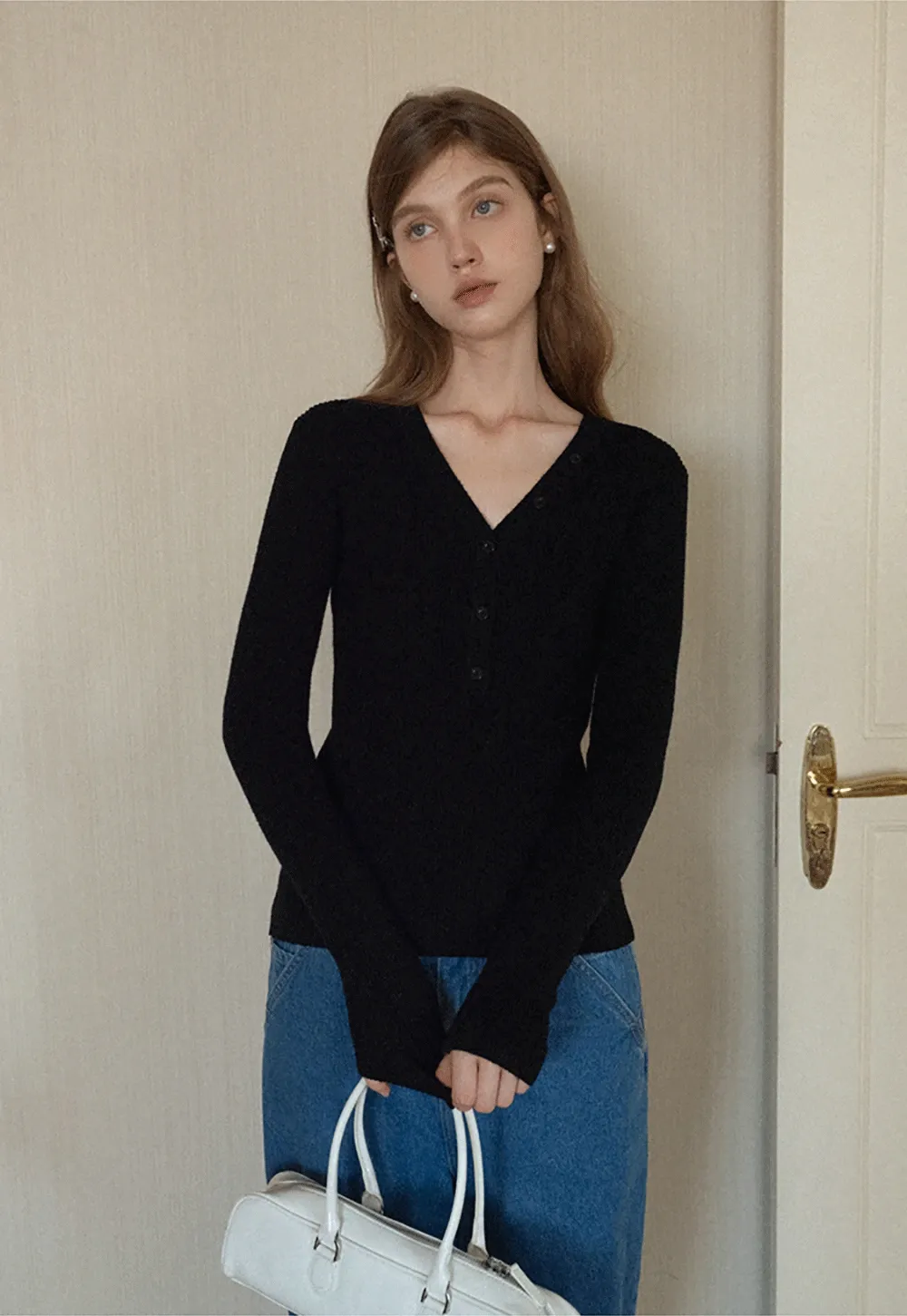 Womens Ribbed Long Sleeve V-Neck Button Top