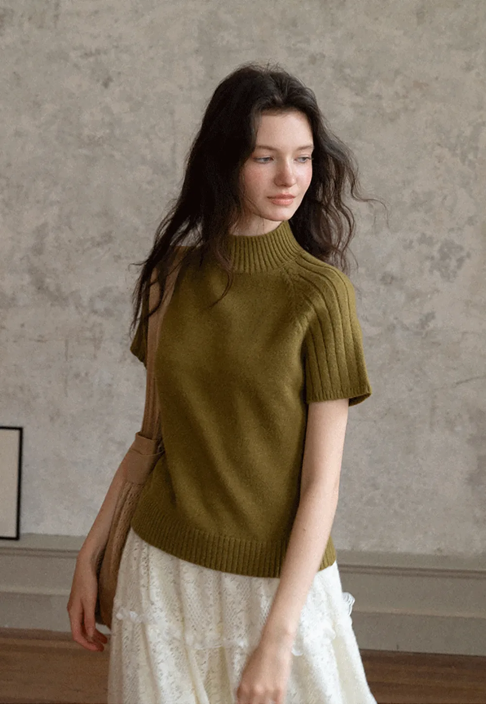 Olive Short Sleeve Mock Neck Knit Top