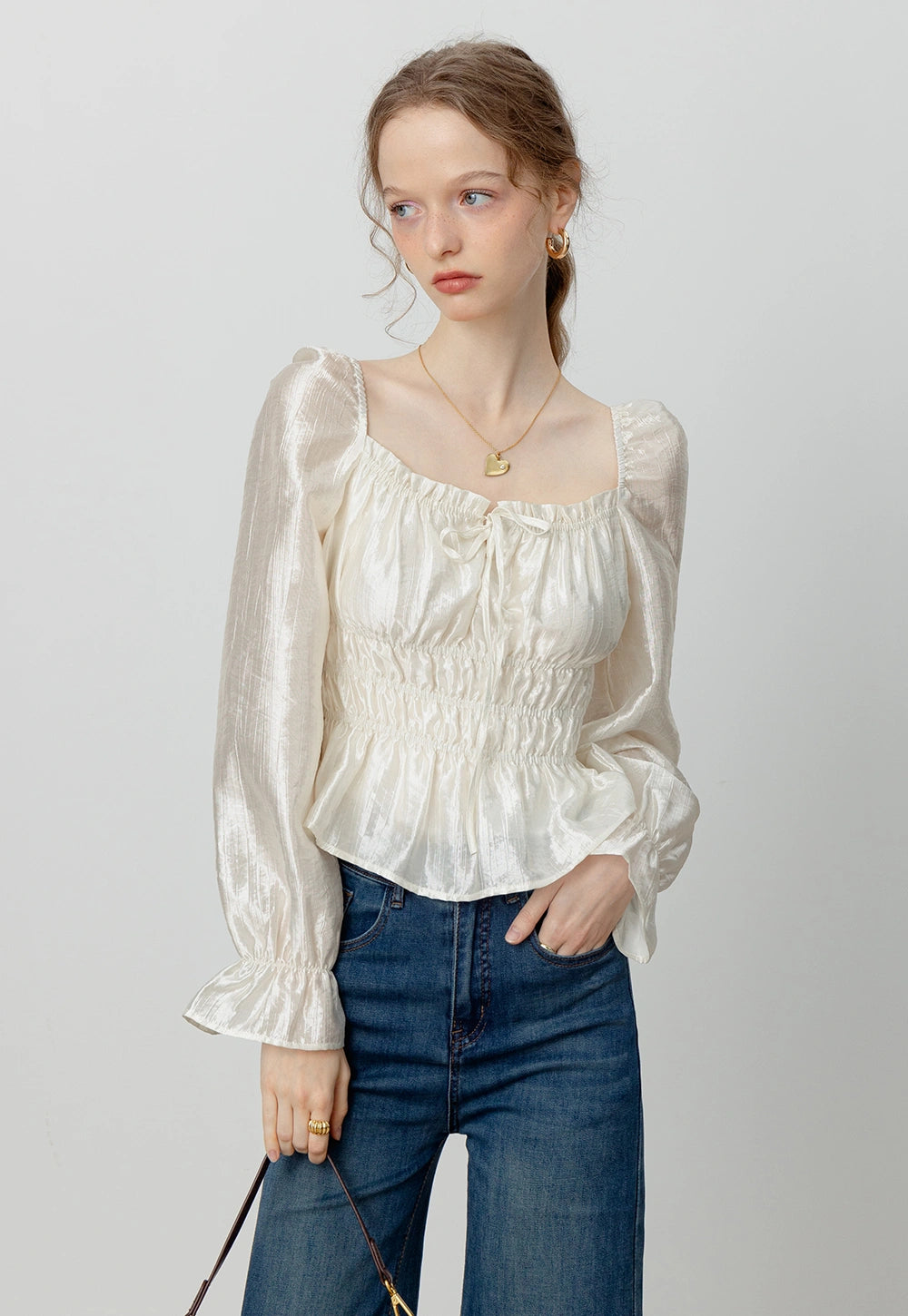 Women's Satin Smocked Blouse with Puff Sleeves