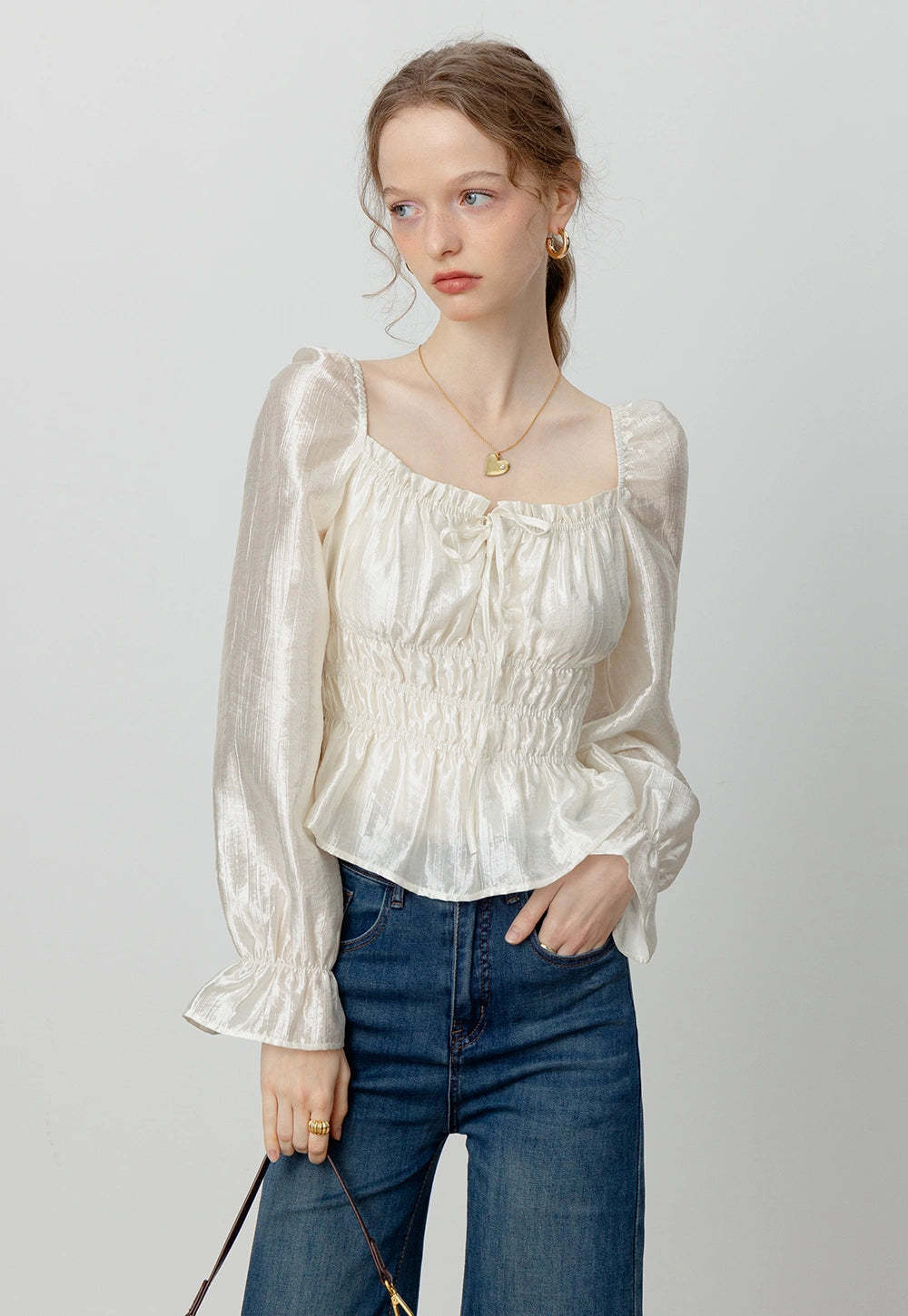 Women's Satin Smocked Blouse with Puff Sleeves