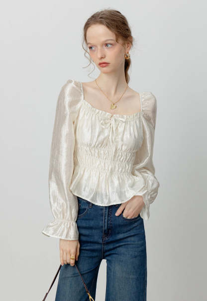 Women's Satin Smocked Blouse with Puff Sleeves