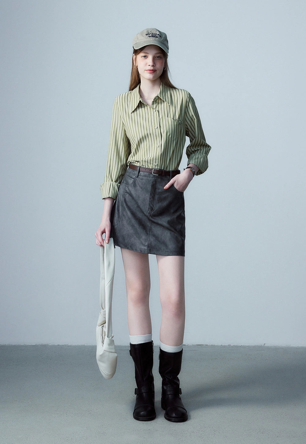 Women's Faux Leather Mini Skirt, A-Line with Belt and Pockets, Vintage Brown