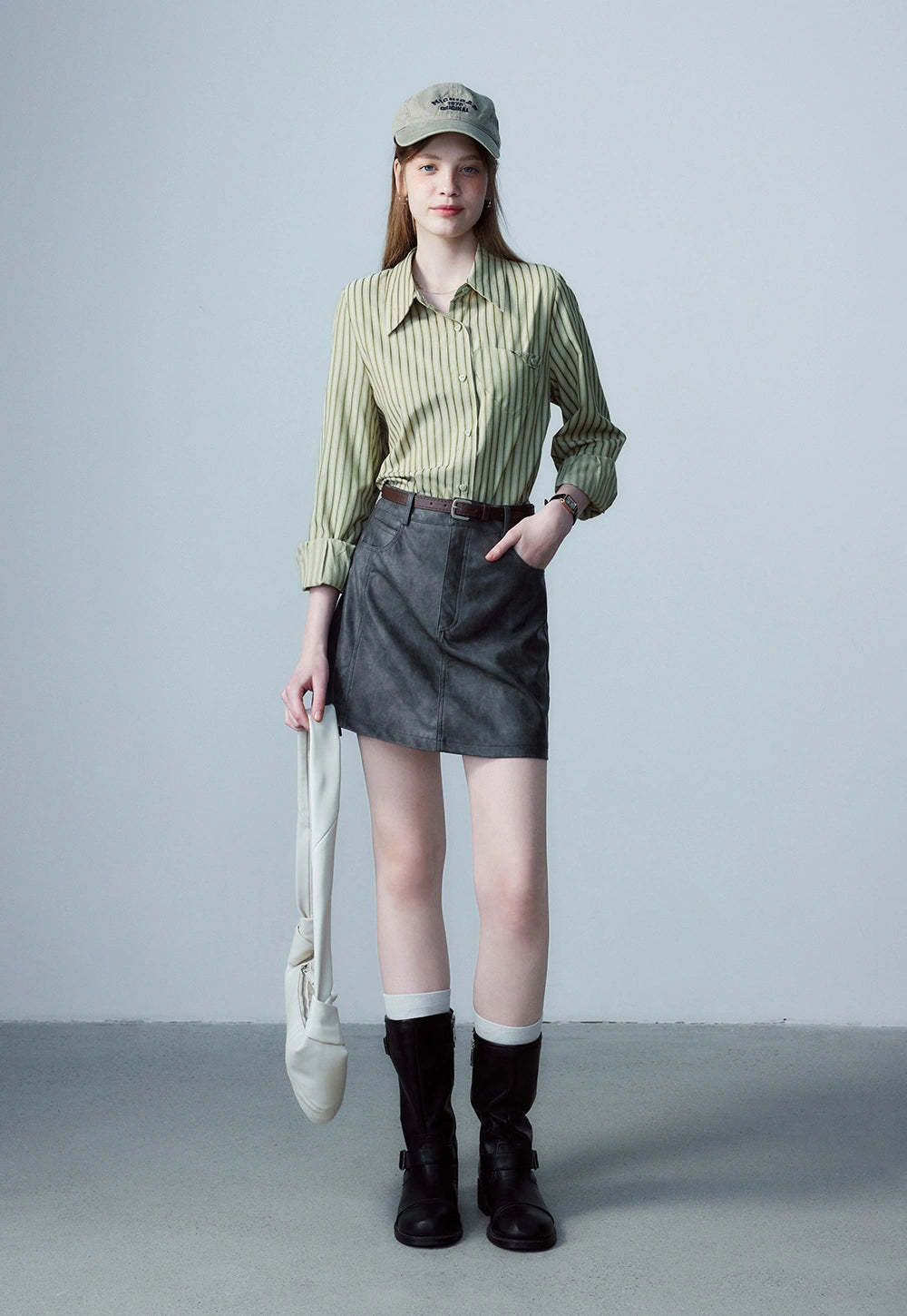 Women's Faux Leather Mini Skirt, A-Line with Belt and Pockets, Vintage Brown