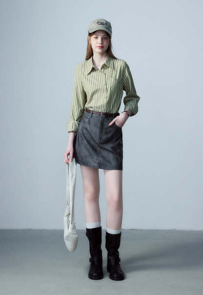 Women's Faux Leather Mini Skirt, A-Line with Belt and Pockets, Vintage Brown