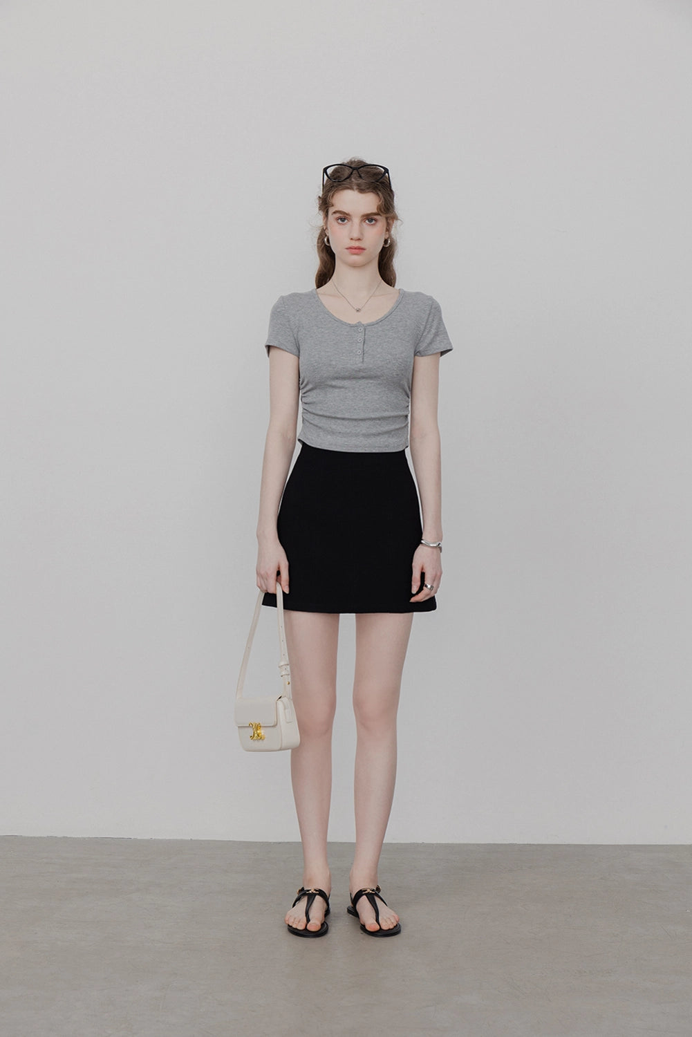 Women's Ribbed Henley Tee with Button Placket Detail