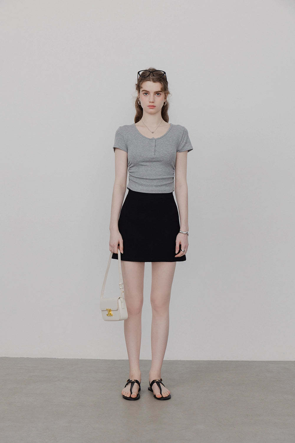 Women's Ribbed Henley Tee with Button Placket Detail