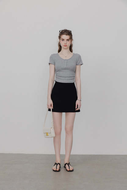 Women's Ribbed Henley Tee with Button Placket Detail