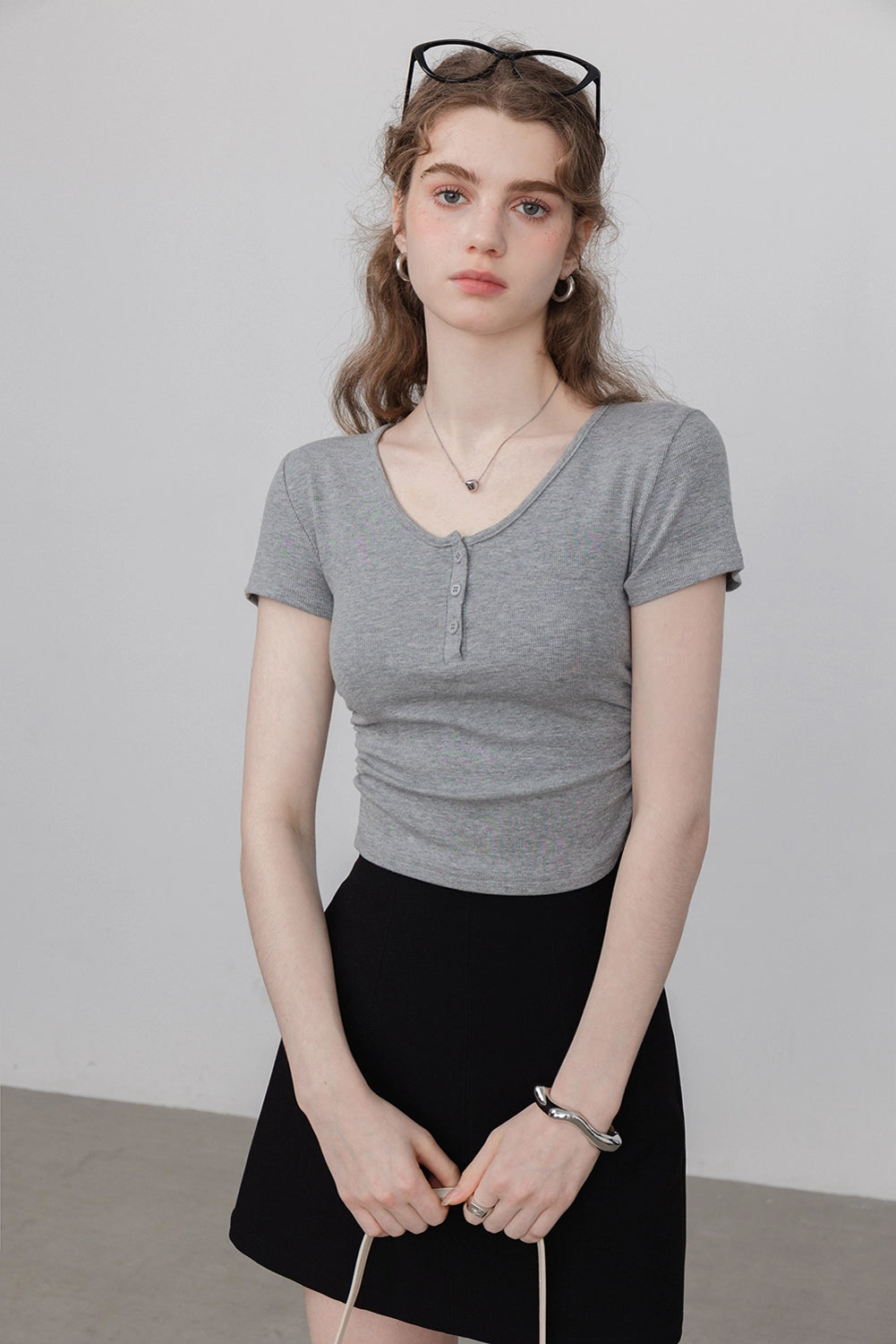 Women's Ribbed Henley Tee with Button Placket Detail