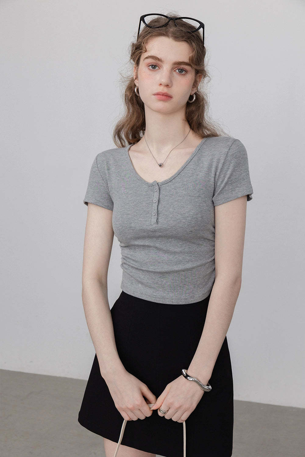 Women's Ribbed Henley Tee with Button Placket Detail