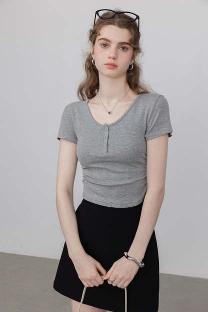 Women's Ribbed Henley Tee with Button Placket Detail