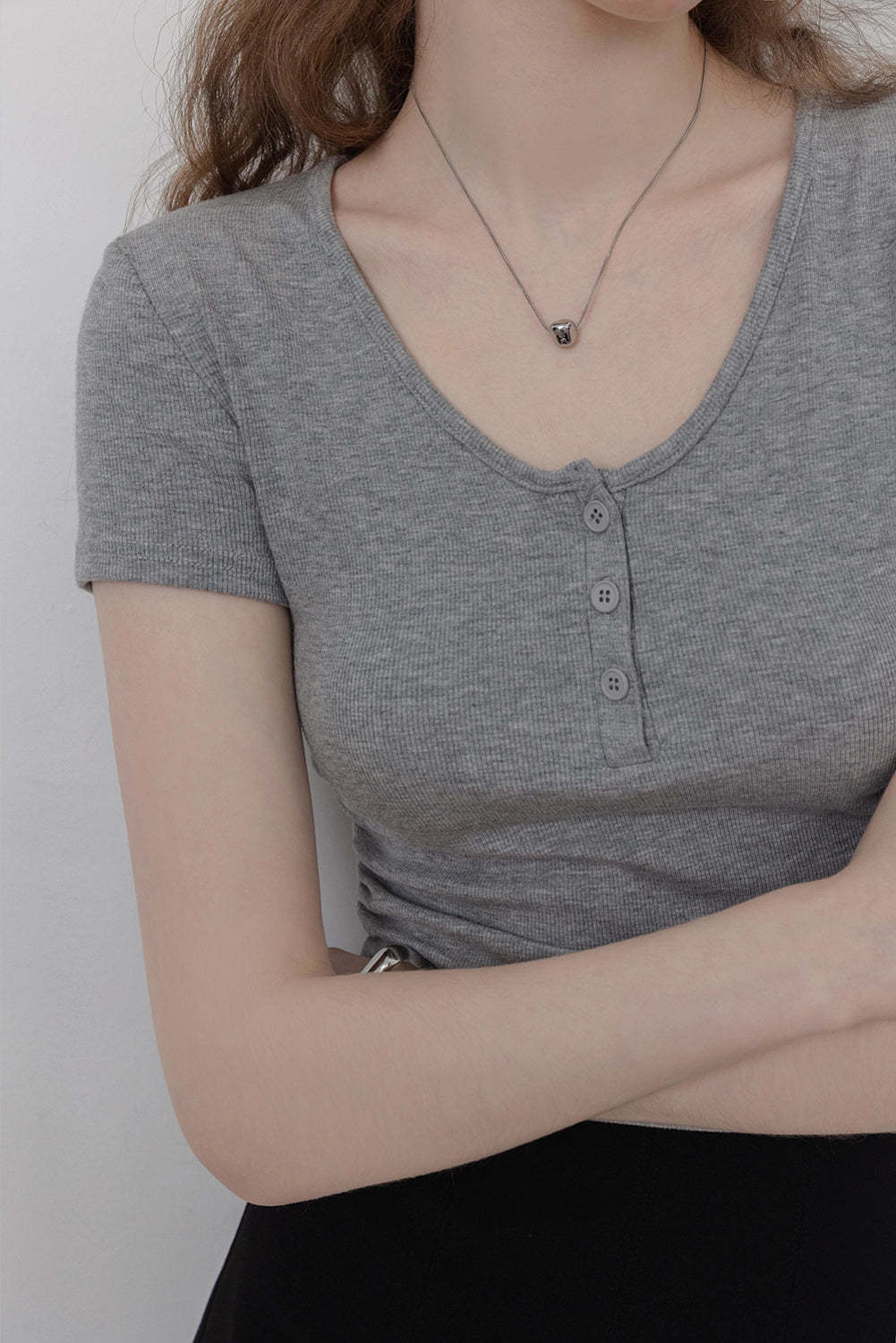 Women's Ribbed Henley Tee with Button Placket Detail