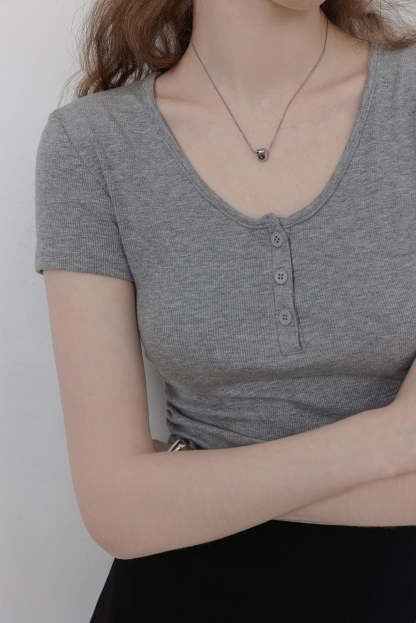 Women's Ribbed Henley Tee with Button Placket Detail