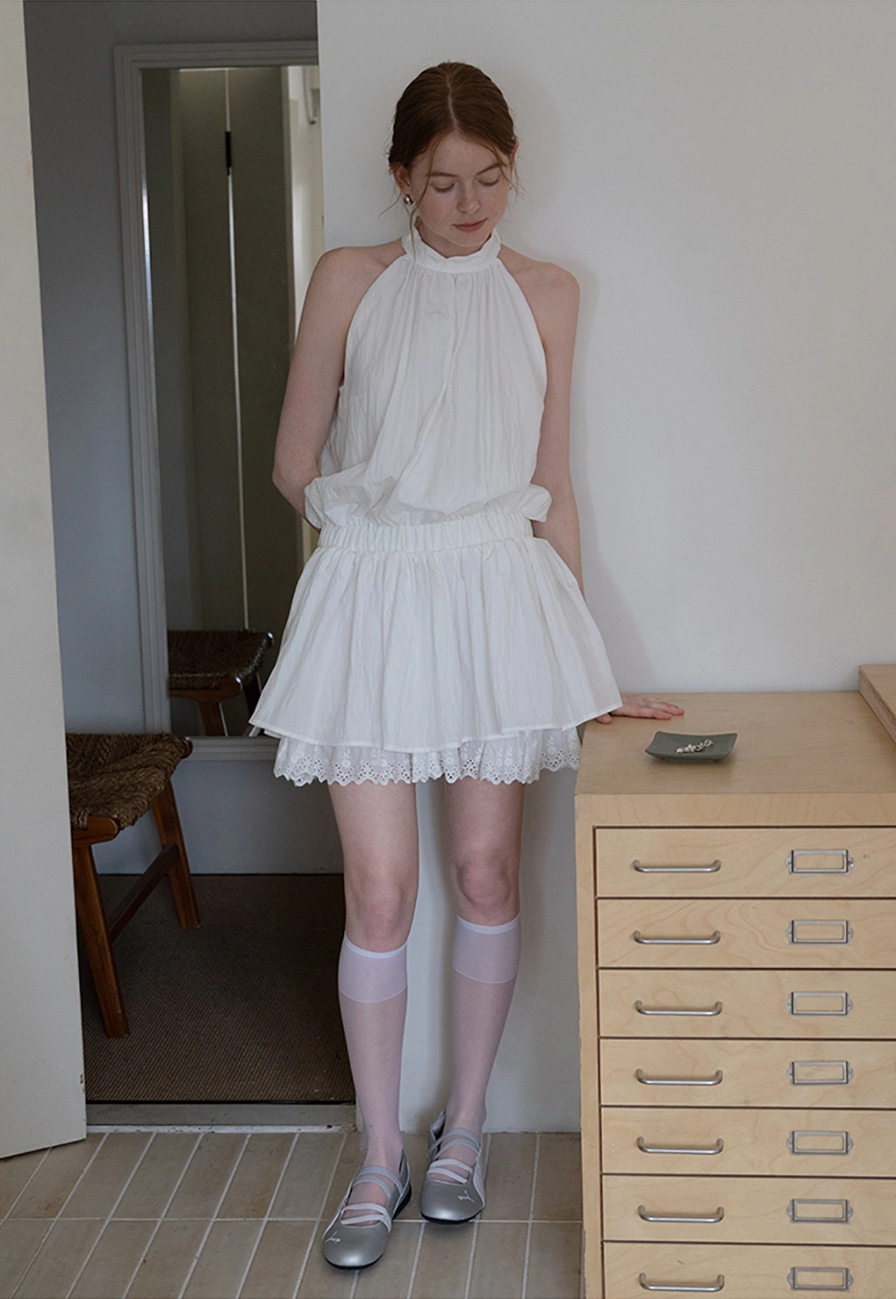 Eyelet Trim Halter Mini Dress
