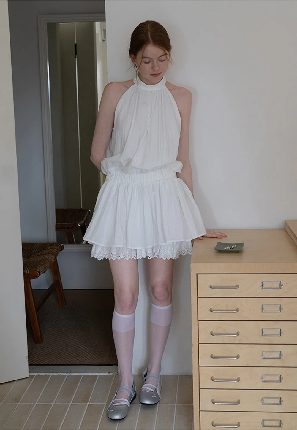 Eyelet Trim Halter Mini Dress