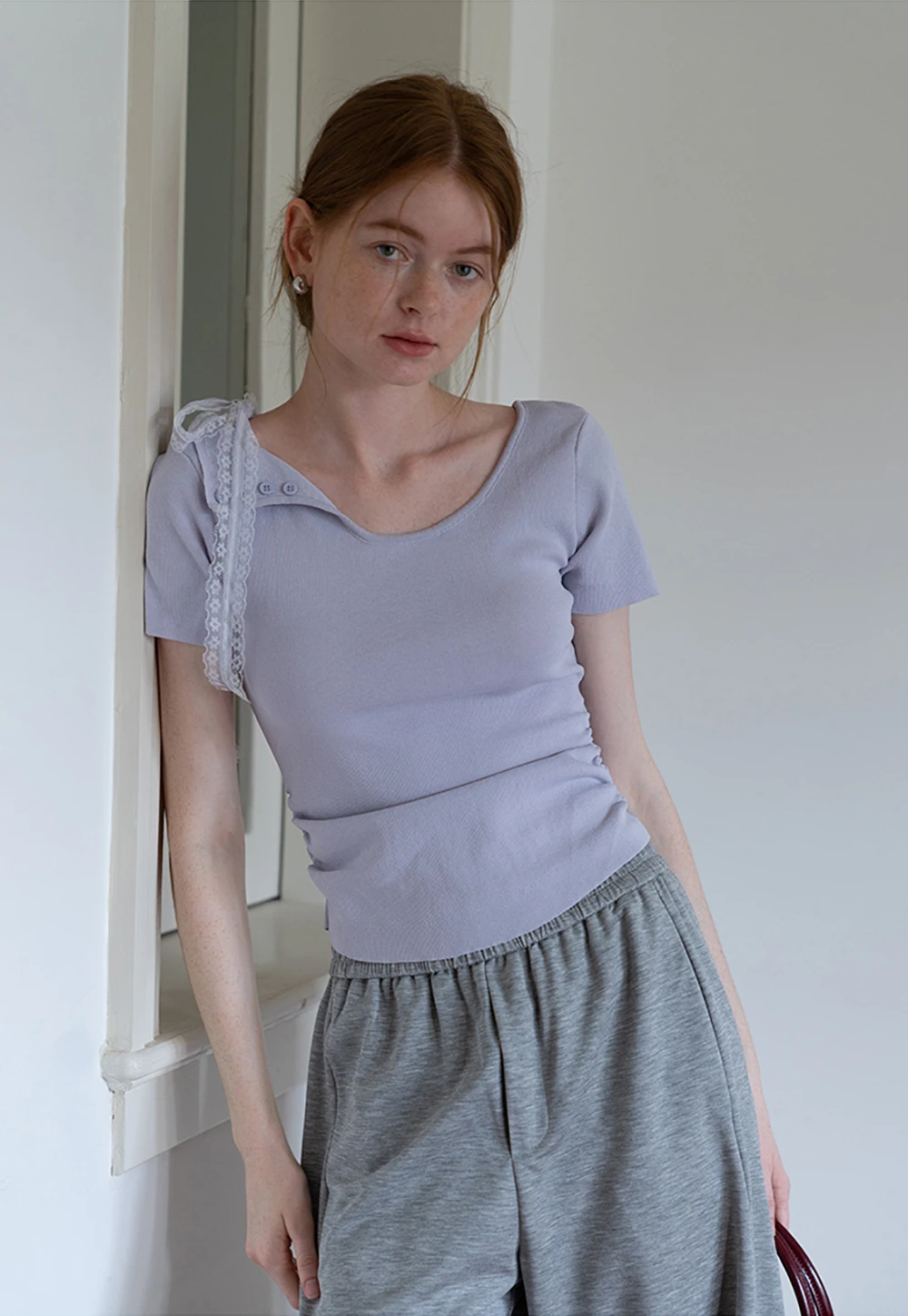 One Shoulder Lace Bow Knit Top