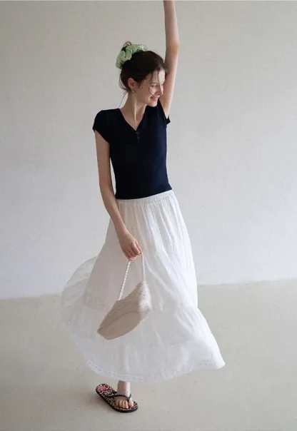 Women's V Neck Button Front Short Sleeve T-Shirt