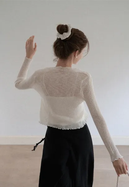 Women Ruffle Ribbed Knit Button Cardigan