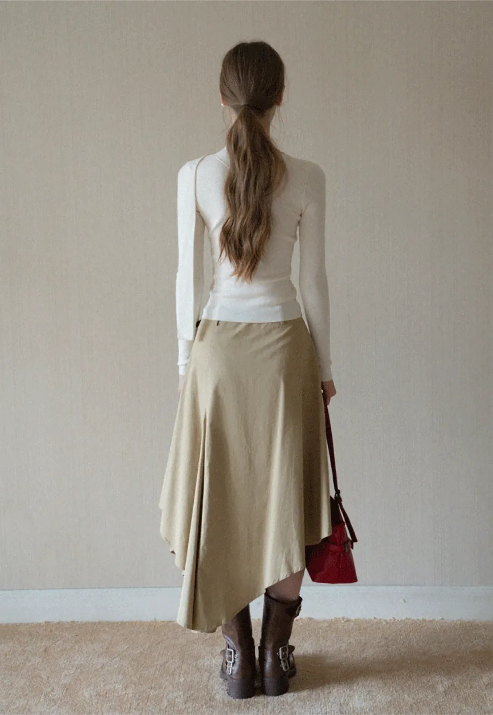 Womens High Waist Asymmetrical Midi Skirt