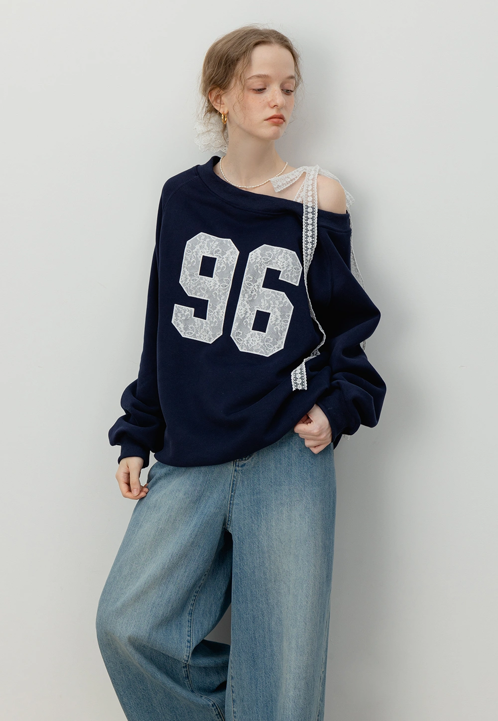 Women's Lace Off Shoulder Graphic Sweatshirt