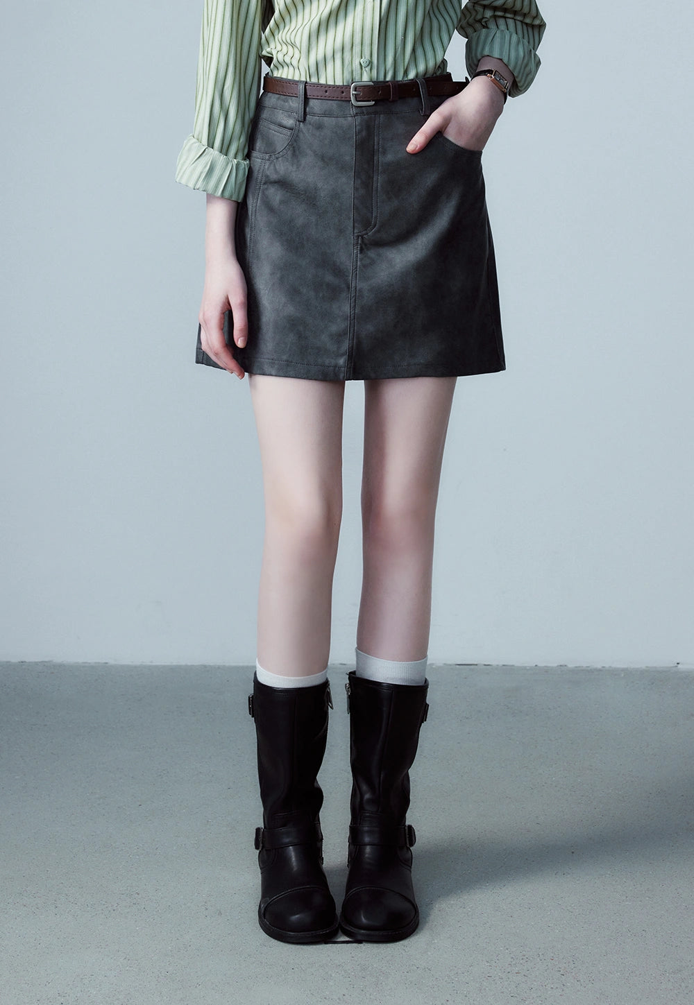 Women's Faux Leather Mini Skirt, A-Line with Belt and Pockets, Vintage Brown