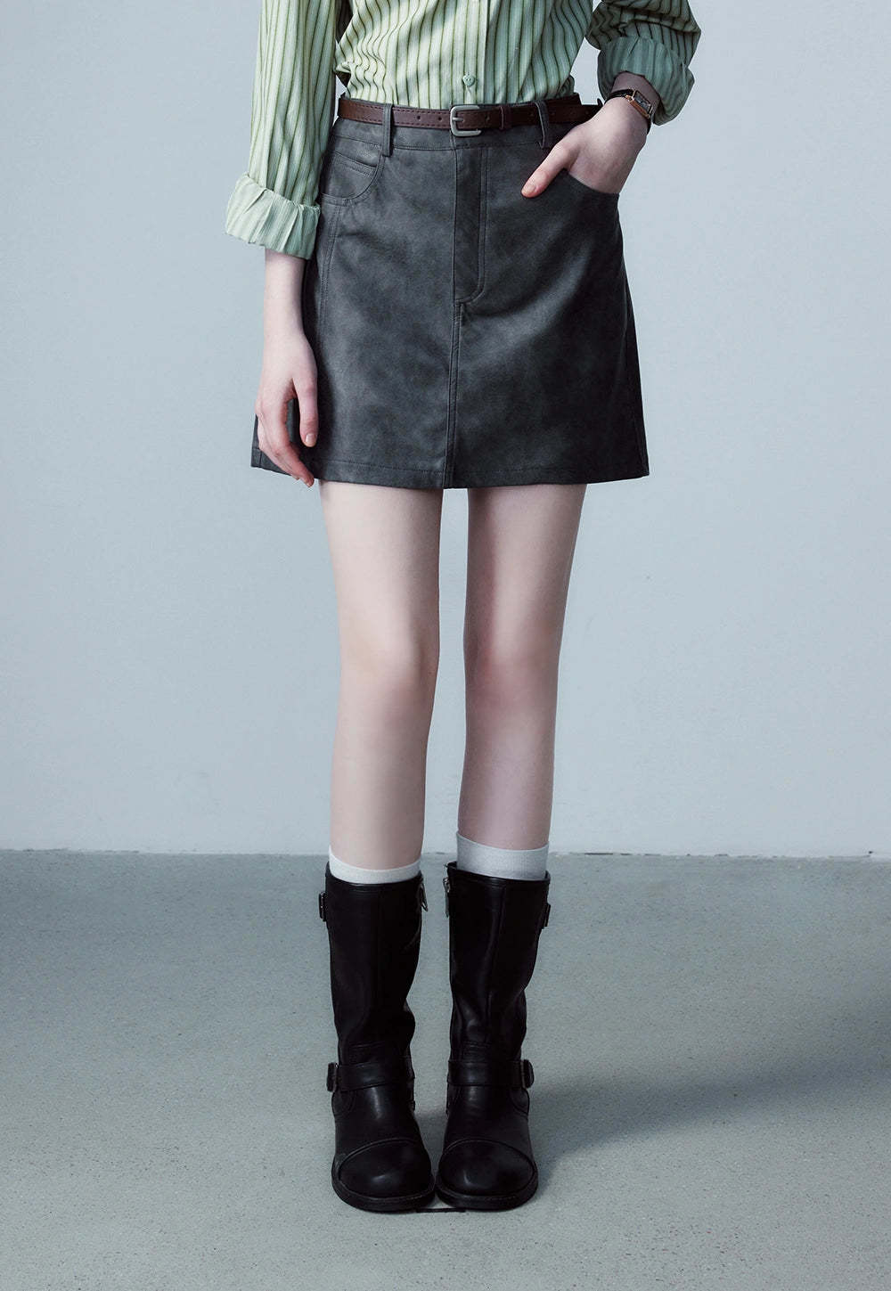 Women's Faux Leather Mini Skirt, A-Line with Belt and Pockets, Vintage Brown