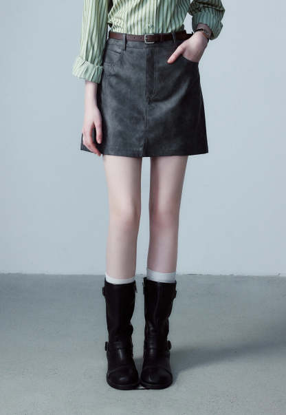 Women's Faux Leather Mini Skirt, A-Line with Belt and Pockets, Vintage Brown