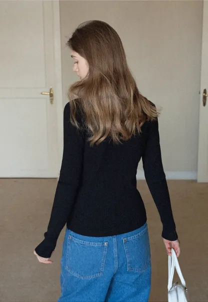 Womens Ribbed Long Sleeve V-Neck Button Top