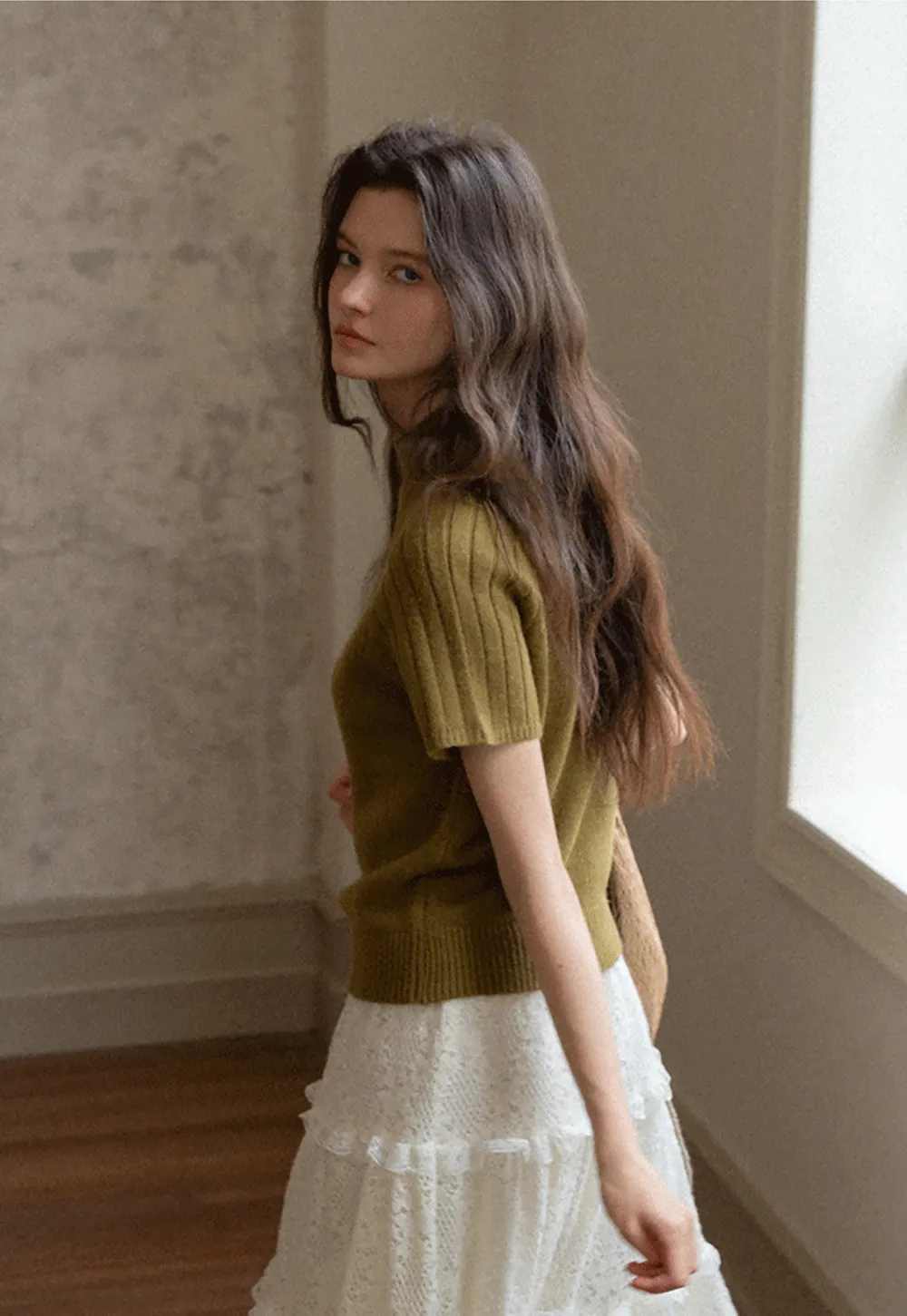 Olive Short Sleeve Mock Neck Knit Top