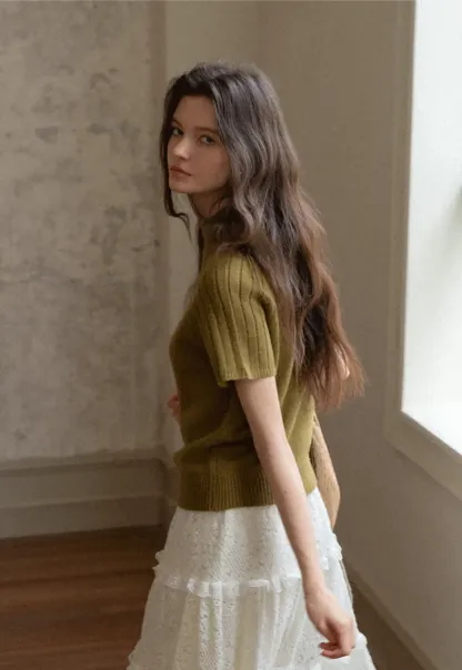 Olive Short Sleeve Mock Neck Knit Top