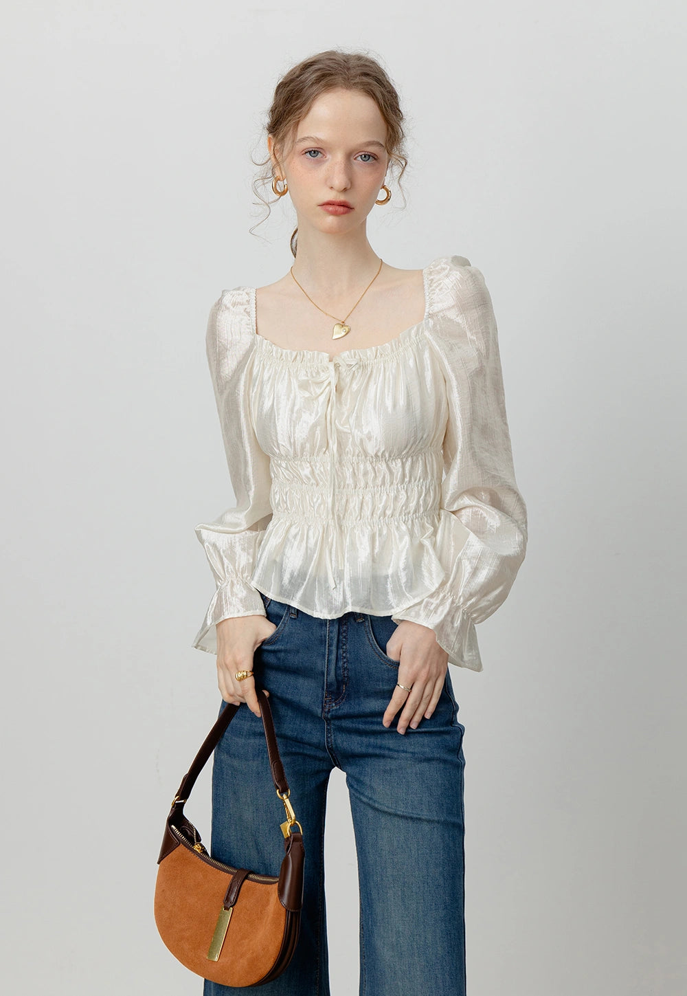 Women's Satin Smocked Blouse with Puff Sleeves