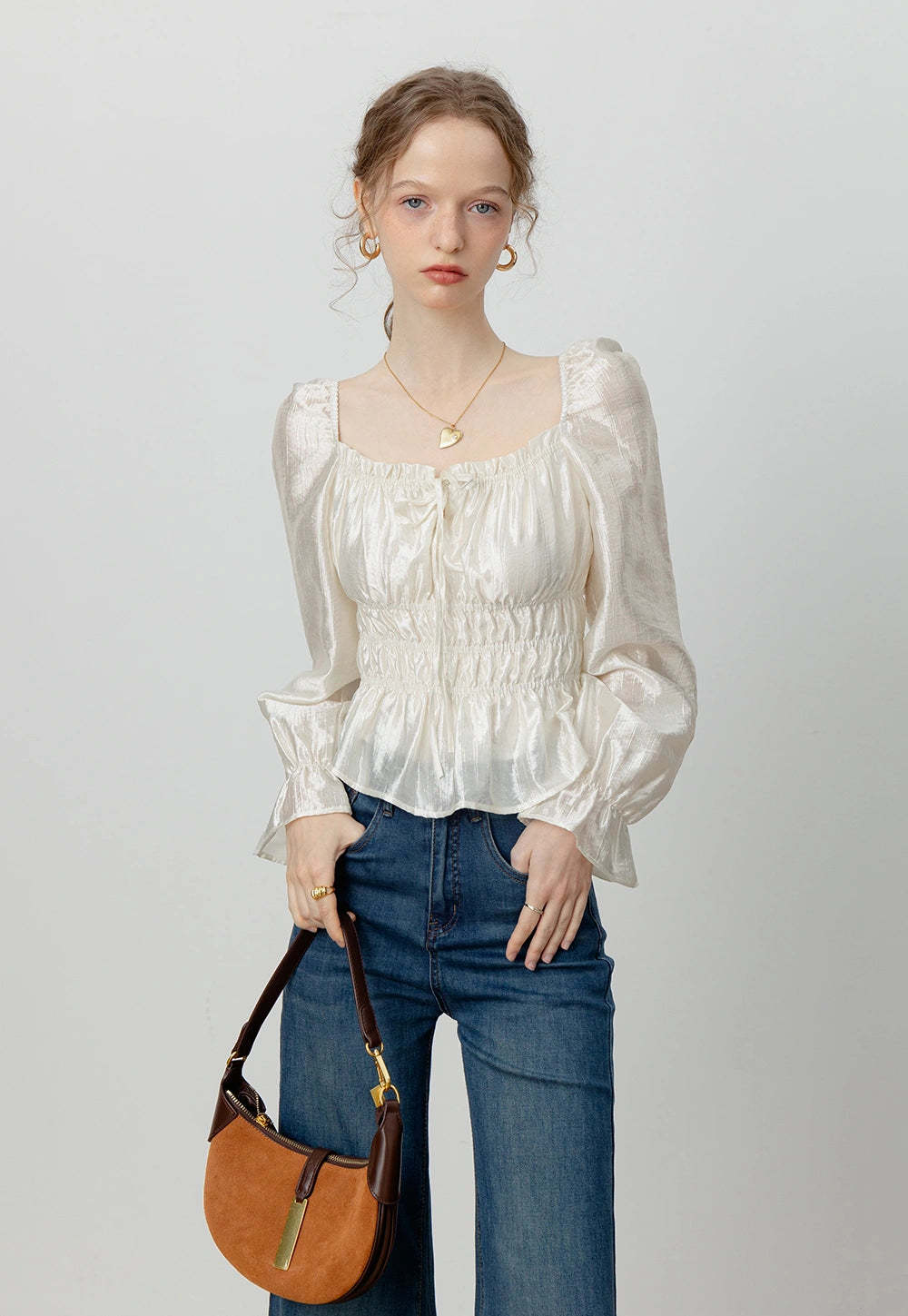 Women's Satin Smocked Blouse with Puff Sleeves