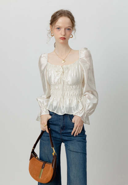 Women's Satin Smocked Blouse with Puff Sleeves