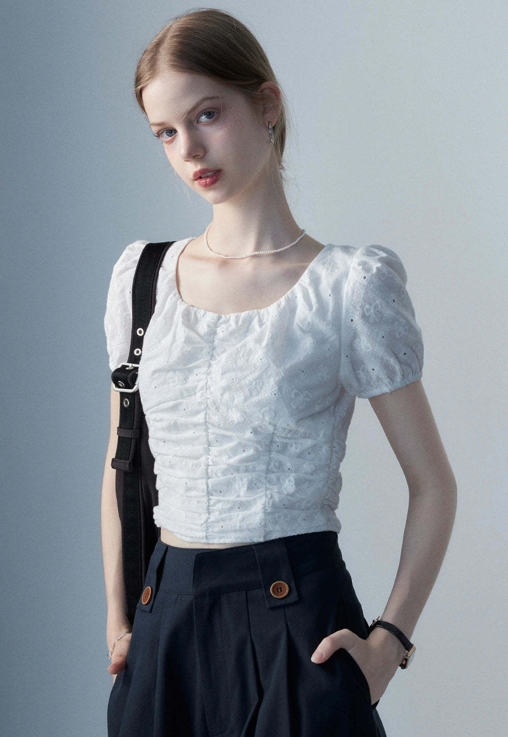 Women's White Eyelet Puff Sleeve Top