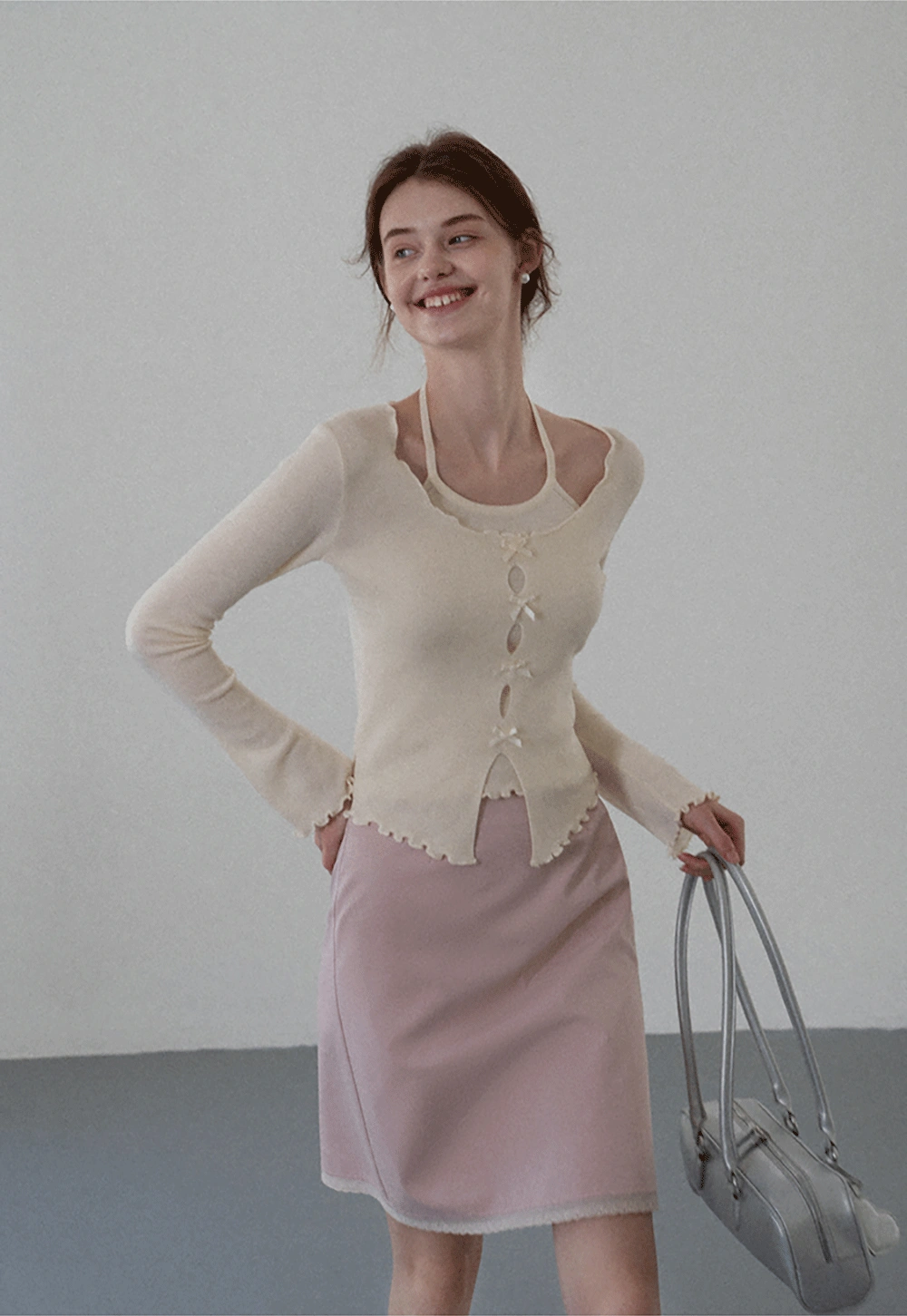 Women Long Sleeve Bow Front Split Hem Lettuce Trim Knit Top