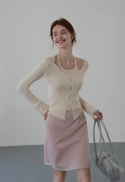 Women Long Sleeve Bow Front Split Hem Lettuce Trim Knit Top