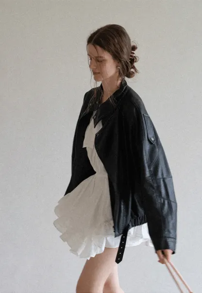 Funnel-Neck Leather Jacket