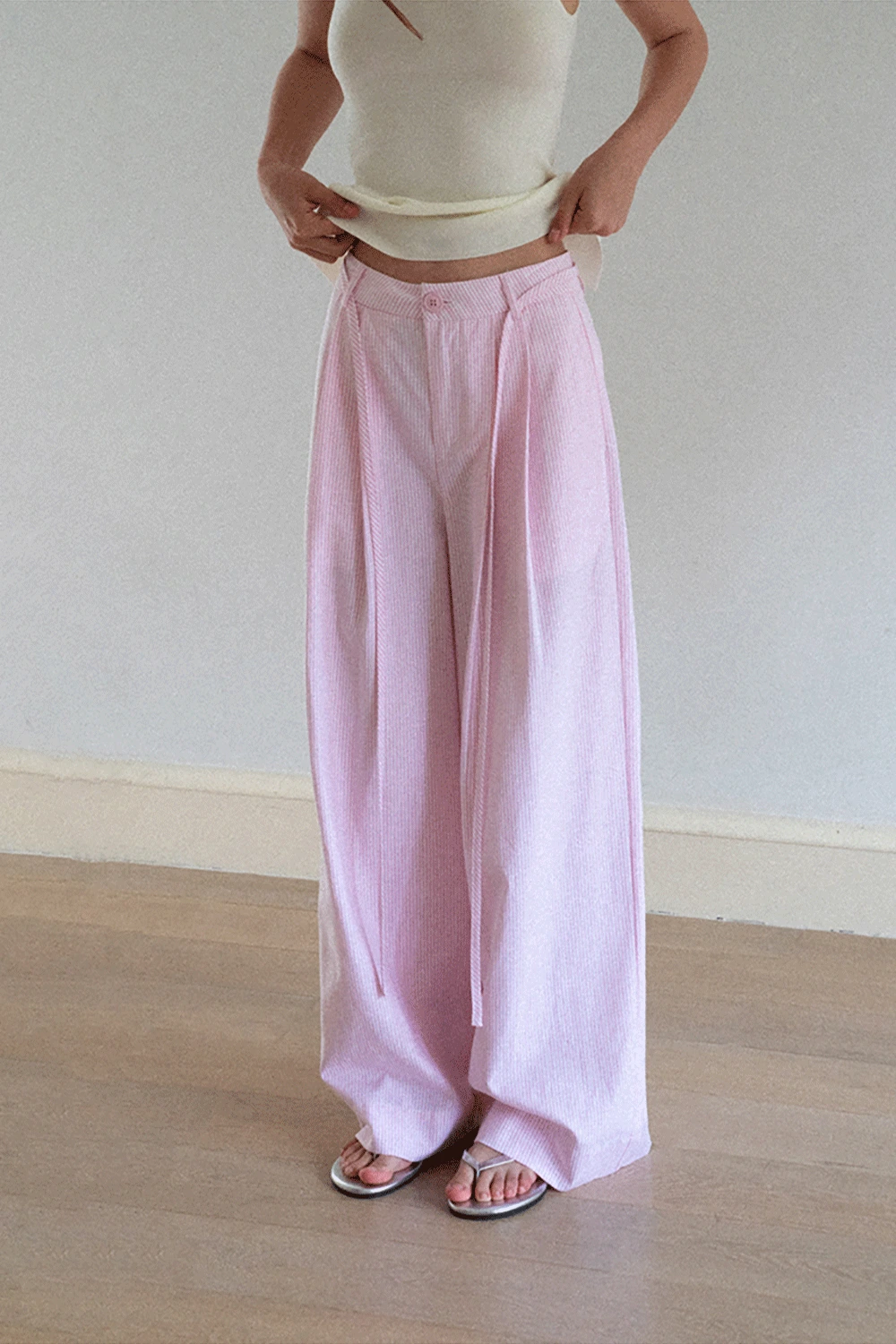 Wide Leg Pleated Casual Pants with Drawstring Waist