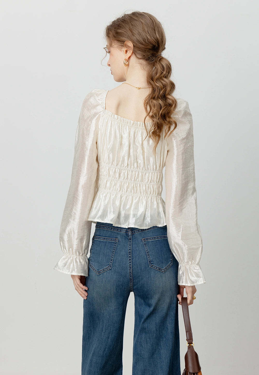 Women's Satin Smocked Blouse with Puff Sleeves