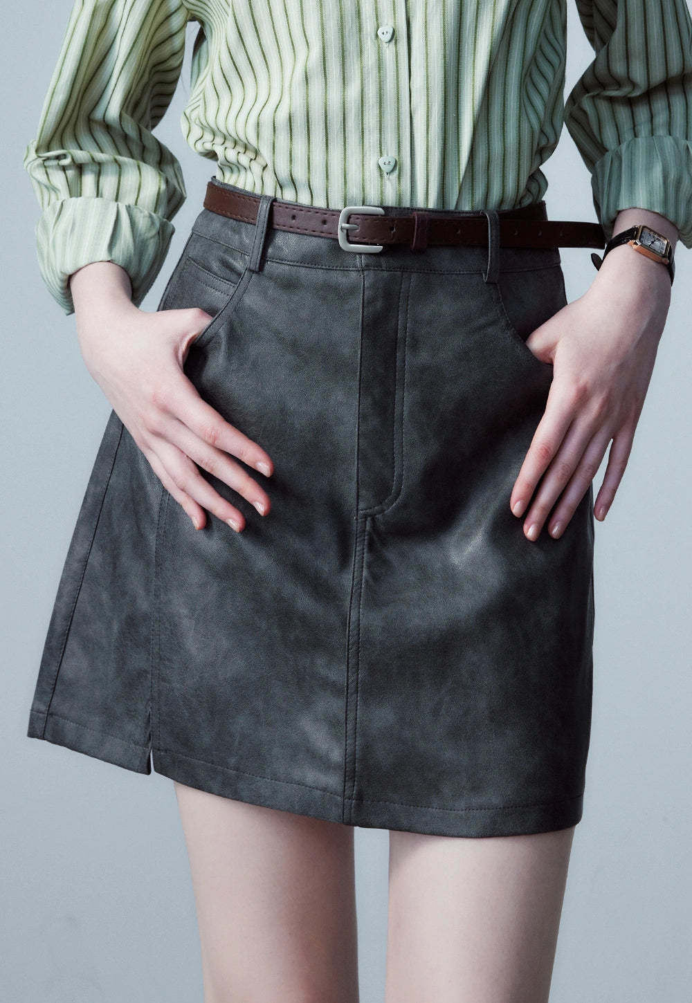 Women's Faux Leather Mini Skirt, A-Line with Belt and Pockets, Vintage Brown